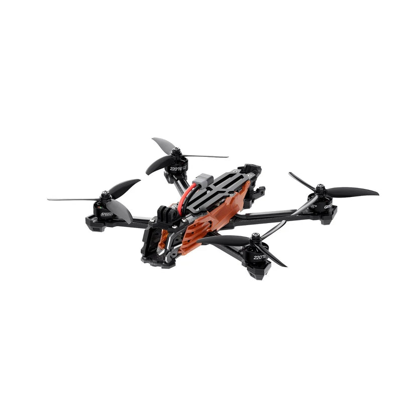 FPV racing drone with four black arms, orange frame, and propellers