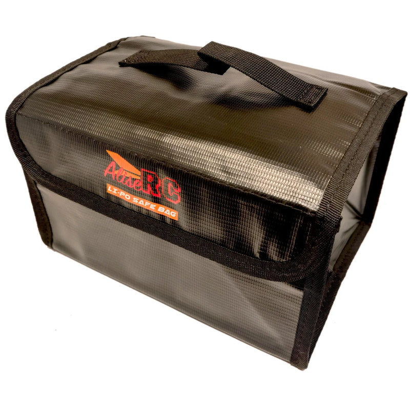 Portable battery safety bag with velcro flap and strap, olive fabric, printed logo