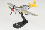 1/48 P-51D Mustang model airplane on black display stand, grey and yellow USAAF markings