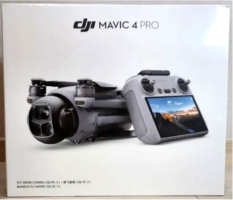 DJI Mavic 4 Pro drone with remote controller display, shown in retail box