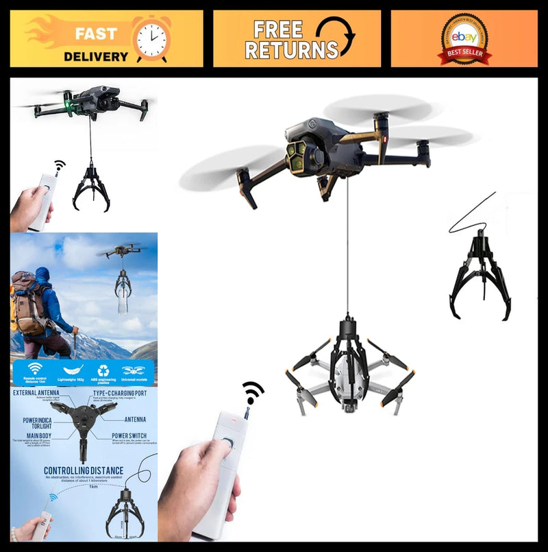 Drone fishing hook grabber accessory with hook and phone controller