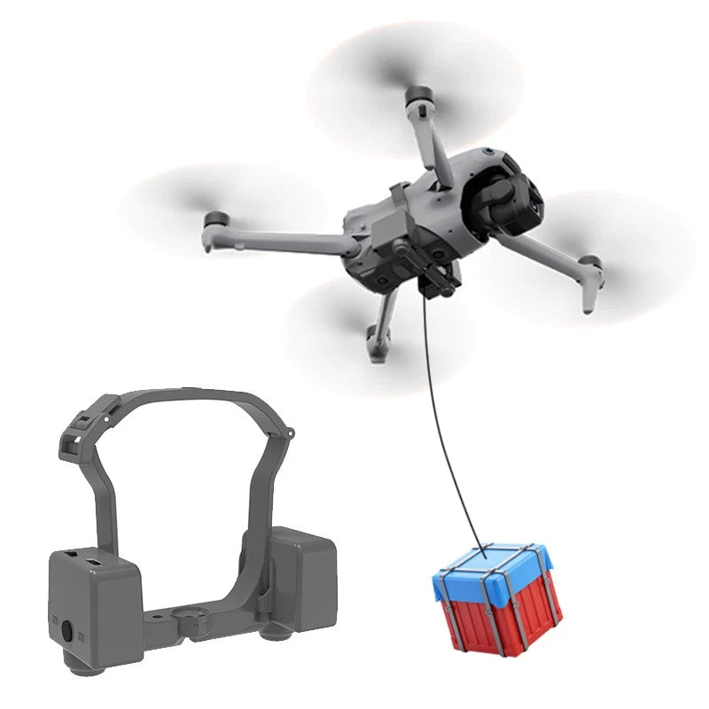 Drone air dropper device with payload cradle and hanging drop box