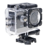 Waterproof action camera in clear case with black body, front lens, and 1080P label