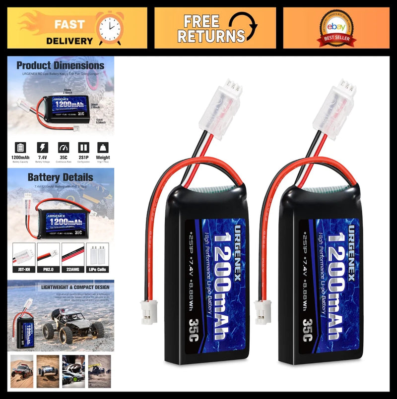 7.4V 1200mAh 2S LiPo Battery 35C for RC Cars & Trucks - PH2.0 Plug, Rechargeable Battery