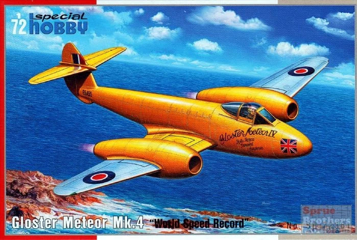 Orange Gloster Meteor Mk.4 model aircraft with yellow wings, twin intakes