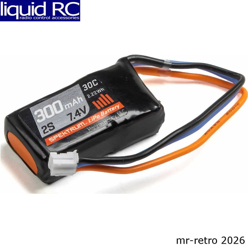 Black 2S 7.4V LiPo battery pack with PH connector and orange leads, 300mAh 30C.