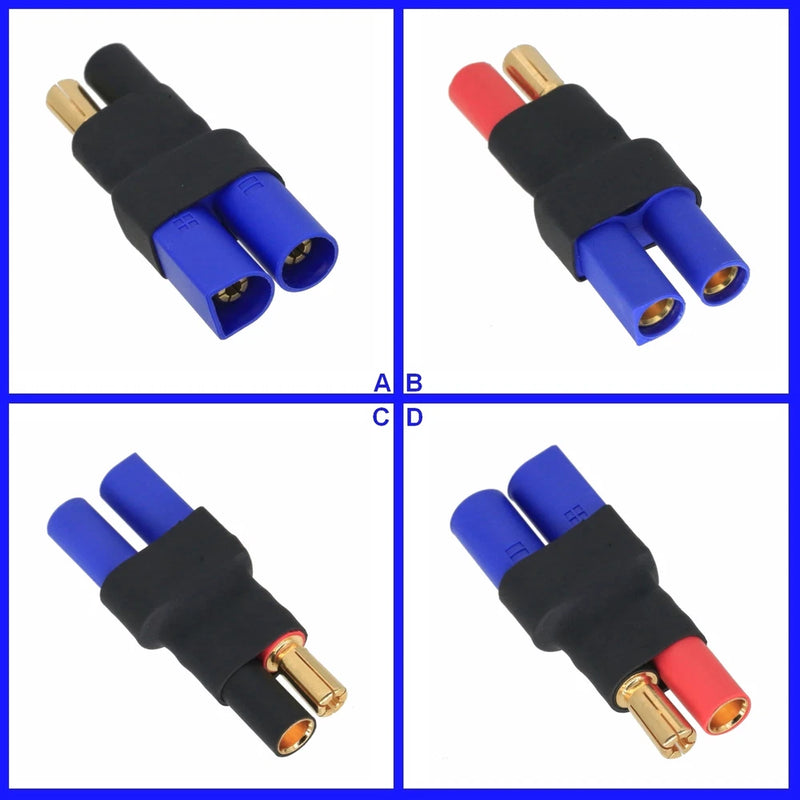 5.5mm no-wire LiPo battery adapter, blue insert with black housing and gold terminals