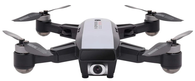 Quadcopter drone with front camera, black body and gray top, four propellers