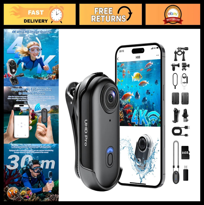 4K Wearable Action Camera, 64GB Waterproof POV Cam, Hands-Free Sports Cam for Cy