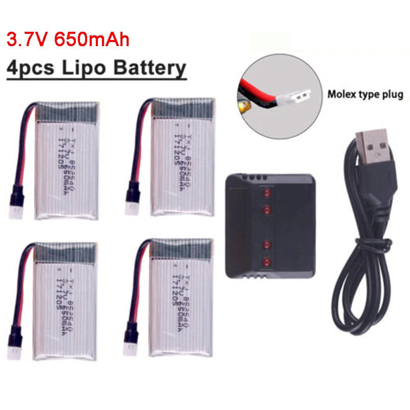 4PCS 3.7V Lipo Battery 650mAh with USB Charger for RC UAV Drone Vehicle Toy Car