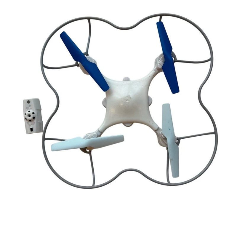 White mini quadcopter drone with blue propellers and built-in camera