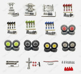 Silver aluminum RC car upgrade parts kit with screws, brackets, and connectors