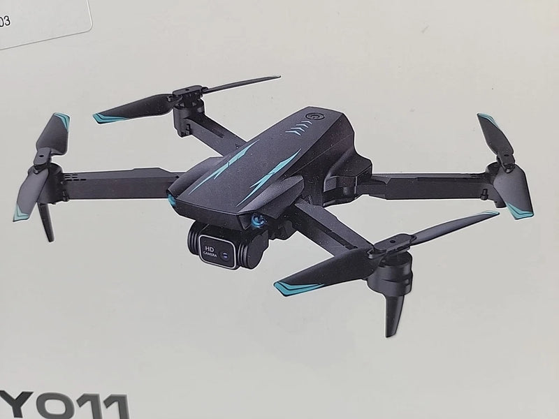 Collapsible quadcopter drone with 4 propellers, black body and teal accents