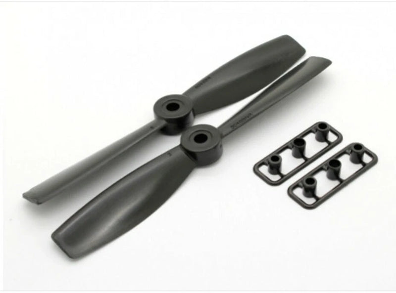 Black two-blade drone propeller set with mounting hardware, CW/CCW style