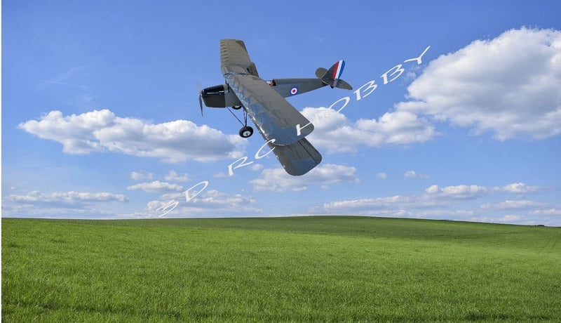 Dark gray RC model airplane with red-and-white roundel decals and landing gear