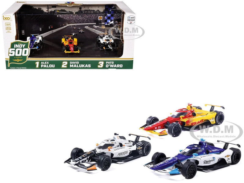109TH INDY 500 (2025) PODIUM SET OF 3 INDYCARS 1/64 DIECAST CARS BY IXO IND64030