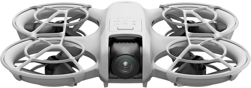 Compact quadcopter drone with propeller guards and built-in camera, white body