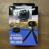 Dual-lens 360 panoramic video camera with tripod, retail box packaging