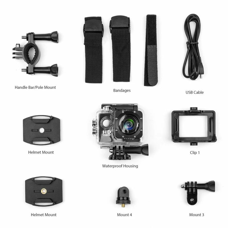 Wewdigi EV5000 Action Camera, 12MP 1080P 2 Inch LCD Screen, Waterproof Sports