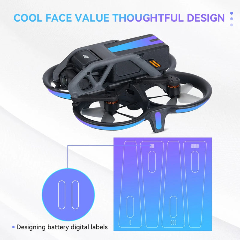 Luminous drone battery label sticker set with blue digital slot designs