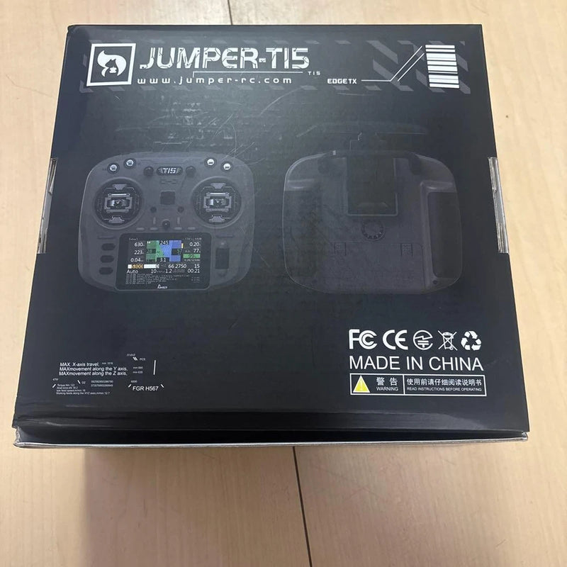 RC radio transmitter box for Jumper T15, dark gray control layout on front