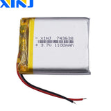 3.7V 1100mAh Li-Polymer battery pack with red/black leads, printed spec label
