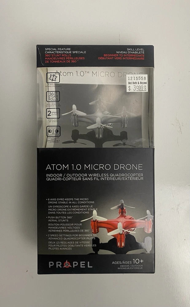 Micro drone retail box for Atom 1.0, with controller and instructions