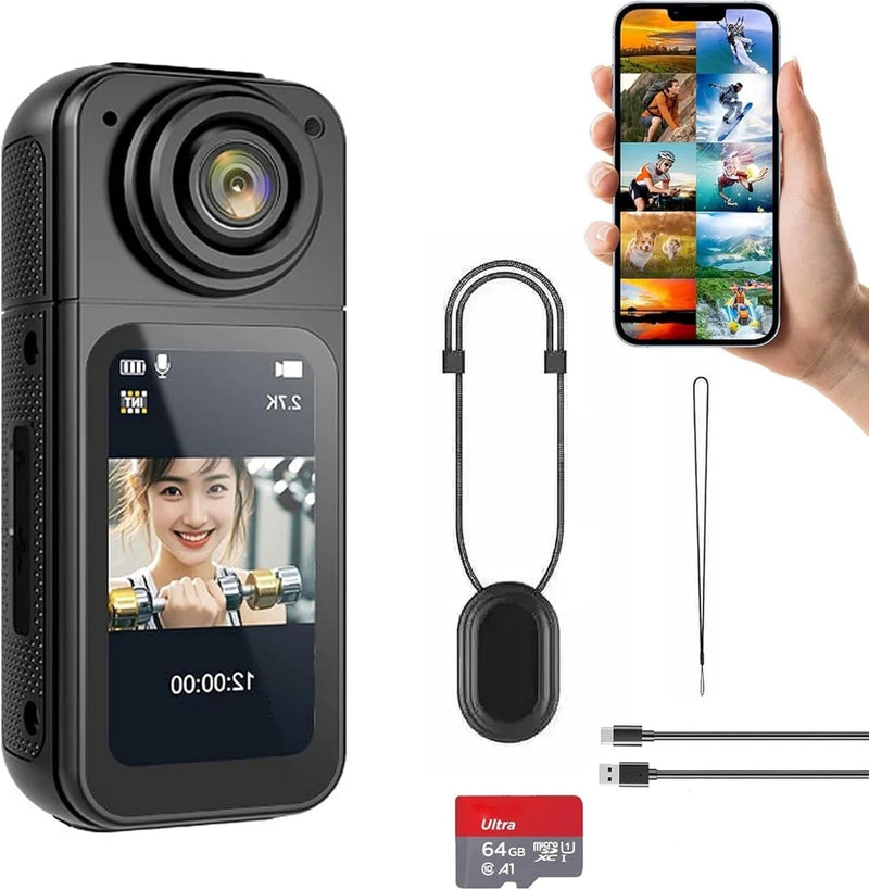 64GB 2.7K Portable Mini Thumb Camera WiFi Action 180?? Video Cam 1.47"Vloggingg