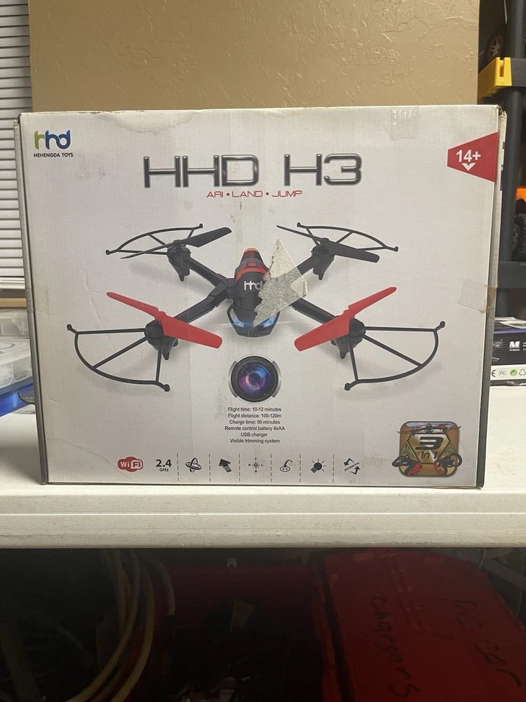 HHD H3 quadcopter drone with camera and WiFi shown on retail box packaging