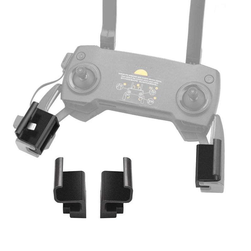 Drone phone holder clip mount accessory with adjustable black clamps and stand