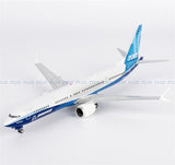 White and blue Boeing 737 MAX 10 airplane model, landing gear and wings visible