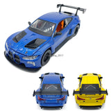 Blue diecast racing model car with open hood, detailed cockpit, front and rear views