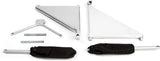 RC landing gear retract kit with metal struts, linkage arms, bolts, and two wheel covers