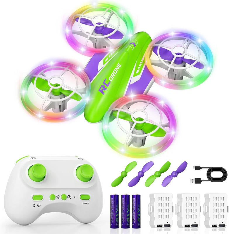 LED RC quadcopter drone with green body, lit propellers, plus white controller.
