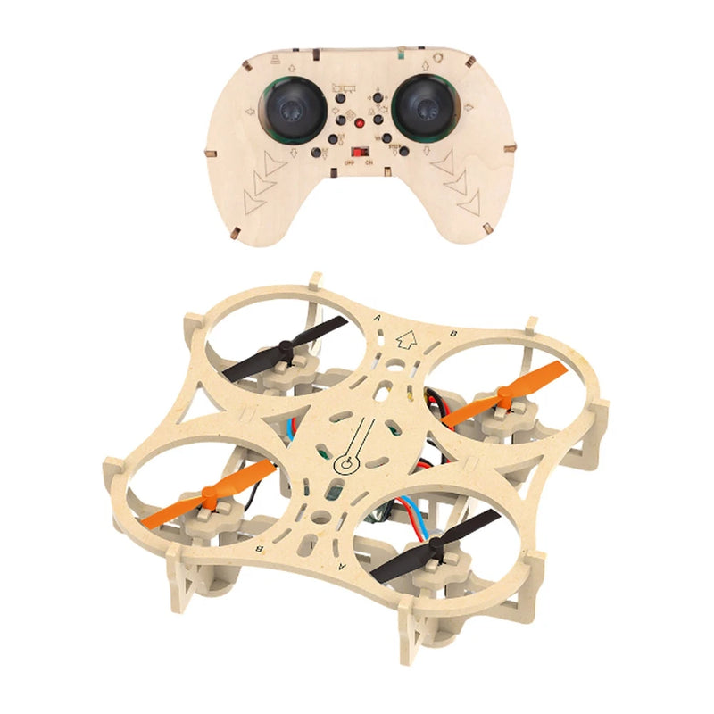 Wooden DIY RC quadcopter drone with orange propellers, compact wooden frame