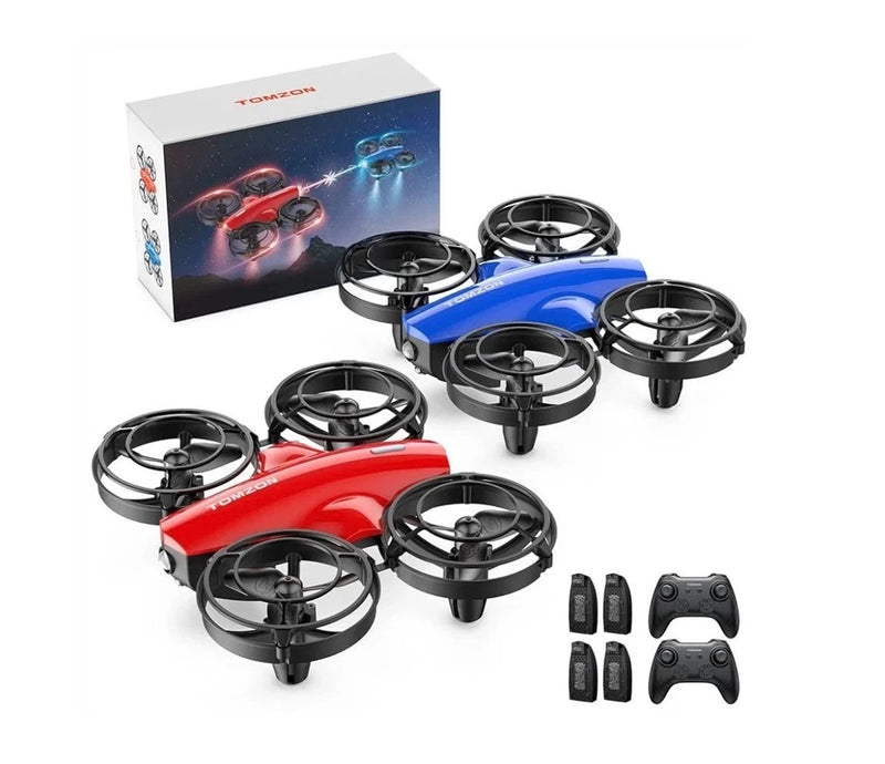 2-pack RC mini drones in red and blue with black prop guards and two remotes