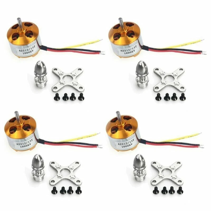 Four 1000KV brushless outrunner RC motors with mount brackets and screw set