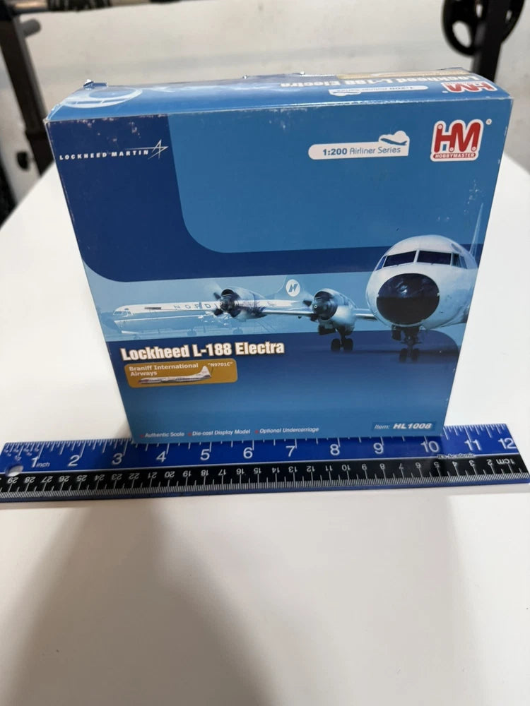 Hobbymaster 1:200 L-188 Electra model airplane box, Braniff, blue packaging