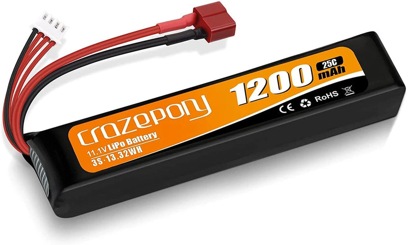 Airsoft LiPo battery, 11.1V 1200mAh, black pack with red/black leads and Deans plug