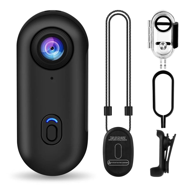 Compact black action camera with wide-angle lens; includes lanyard and clip mount