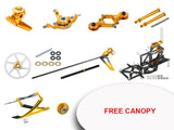 Microheli gold CNC performance package parts kit with frame, arms, wheels, and hardware