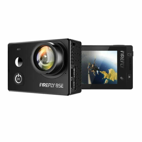 FPV action camera with lens and small flip screen, black body