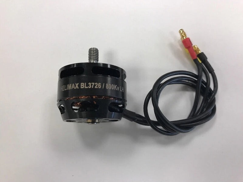 Black brushless motor with wires and connector leads, cylindrical housing