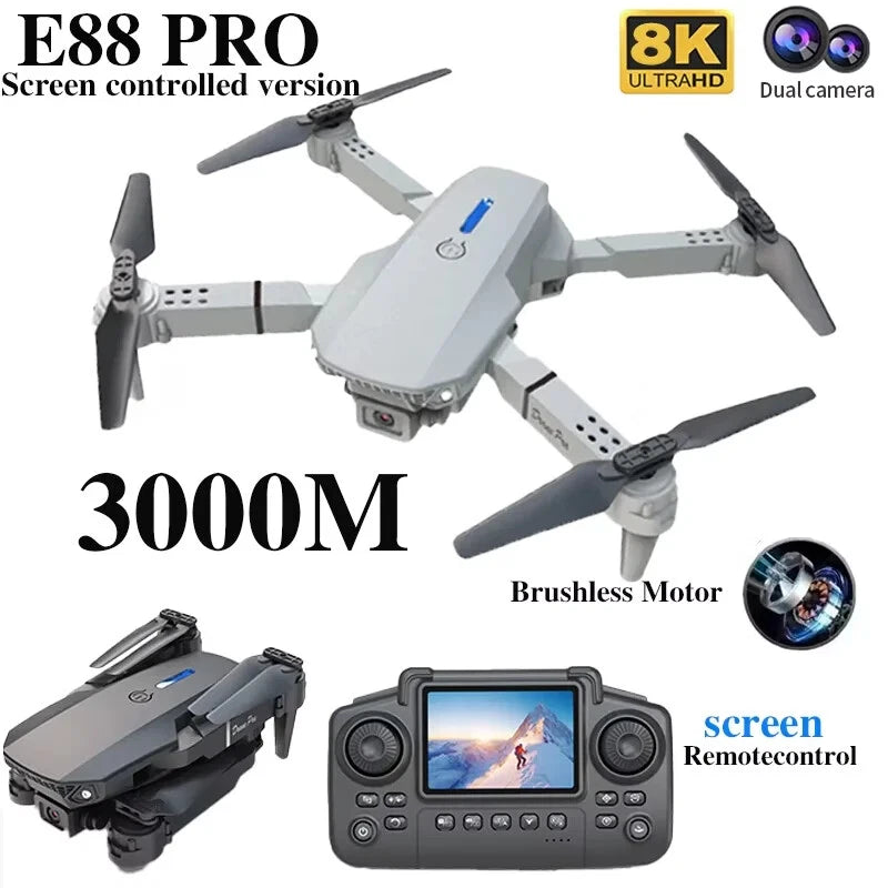 Gray quadcopter drone with four propellers and handheld remote controller with screen