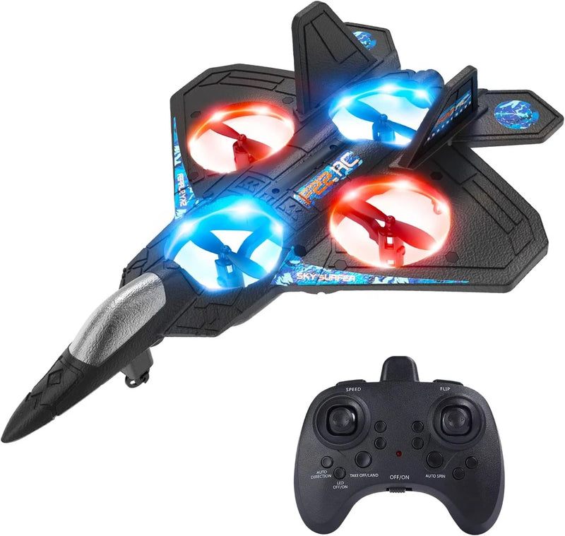 RC foam fighter jet toy with blue/red LED lights and remote controller