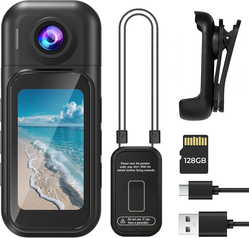 Body Camera with LED Screen, Mini Wearable Action Camera with 128GB Built-In Mem