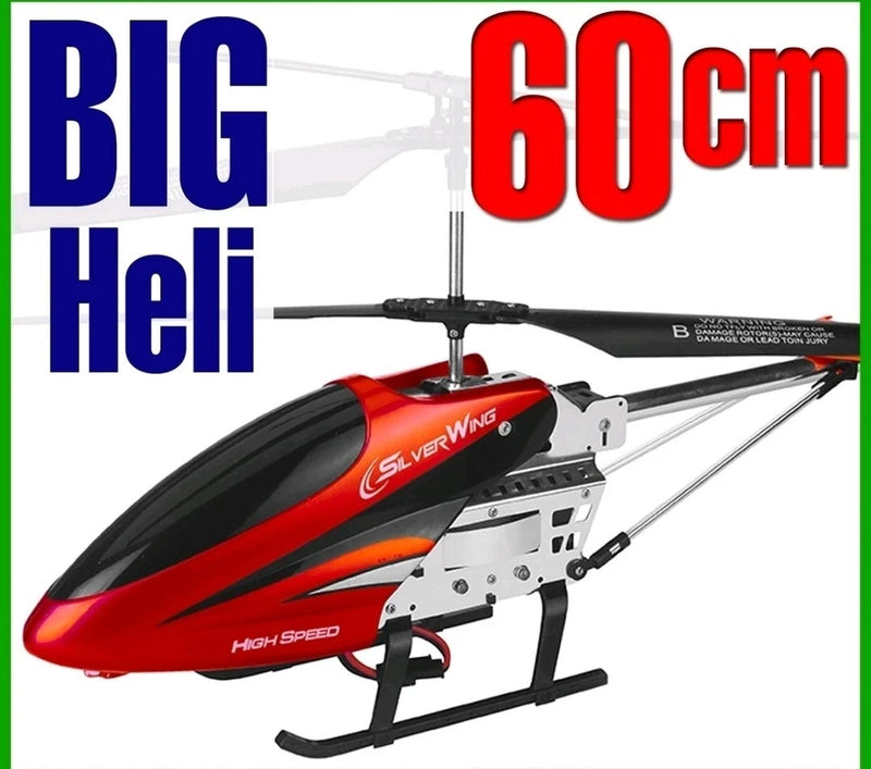 60cm red and black metal RC helicopter toy with LED lights, gyro, and landing skids