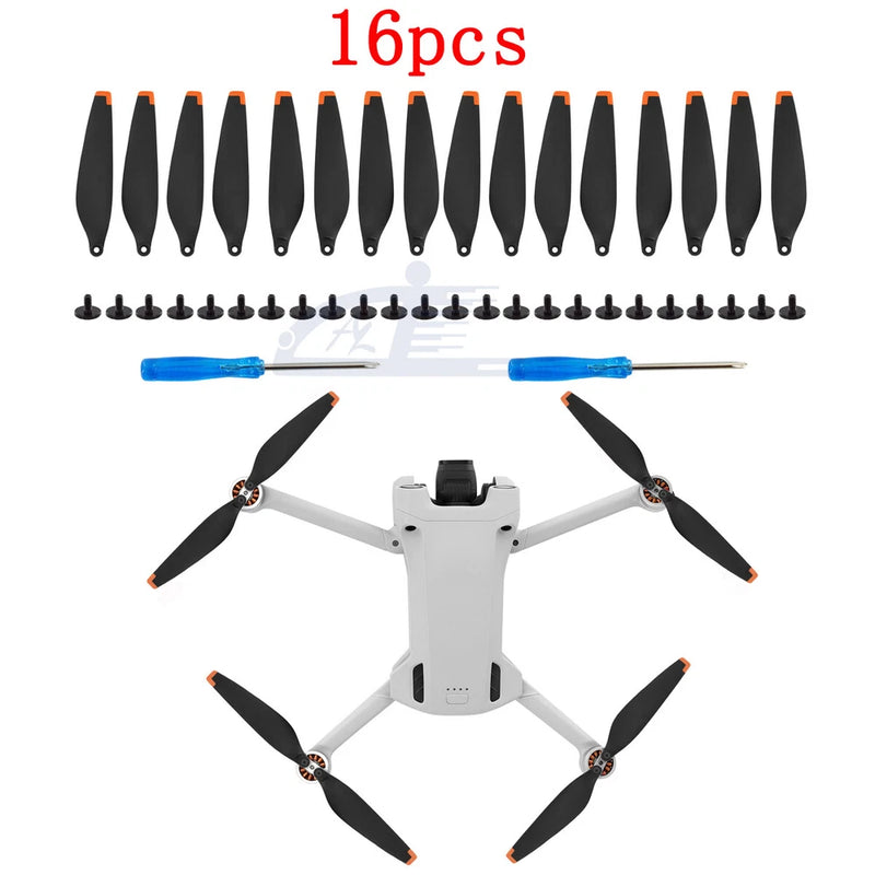 16-piece drone propeller blade set with black blades and mounting hardware, plus tool