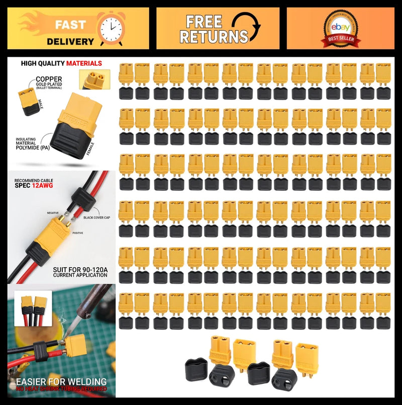 50 Pairs XT60H Male Female Bullet Connectors for Lipo Battery RC Cars - 100 Plug Battery