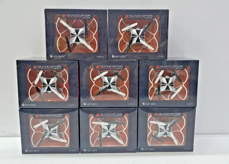 Ematic quadcopter drone boxes, orange and white propeller graphics, set of 8